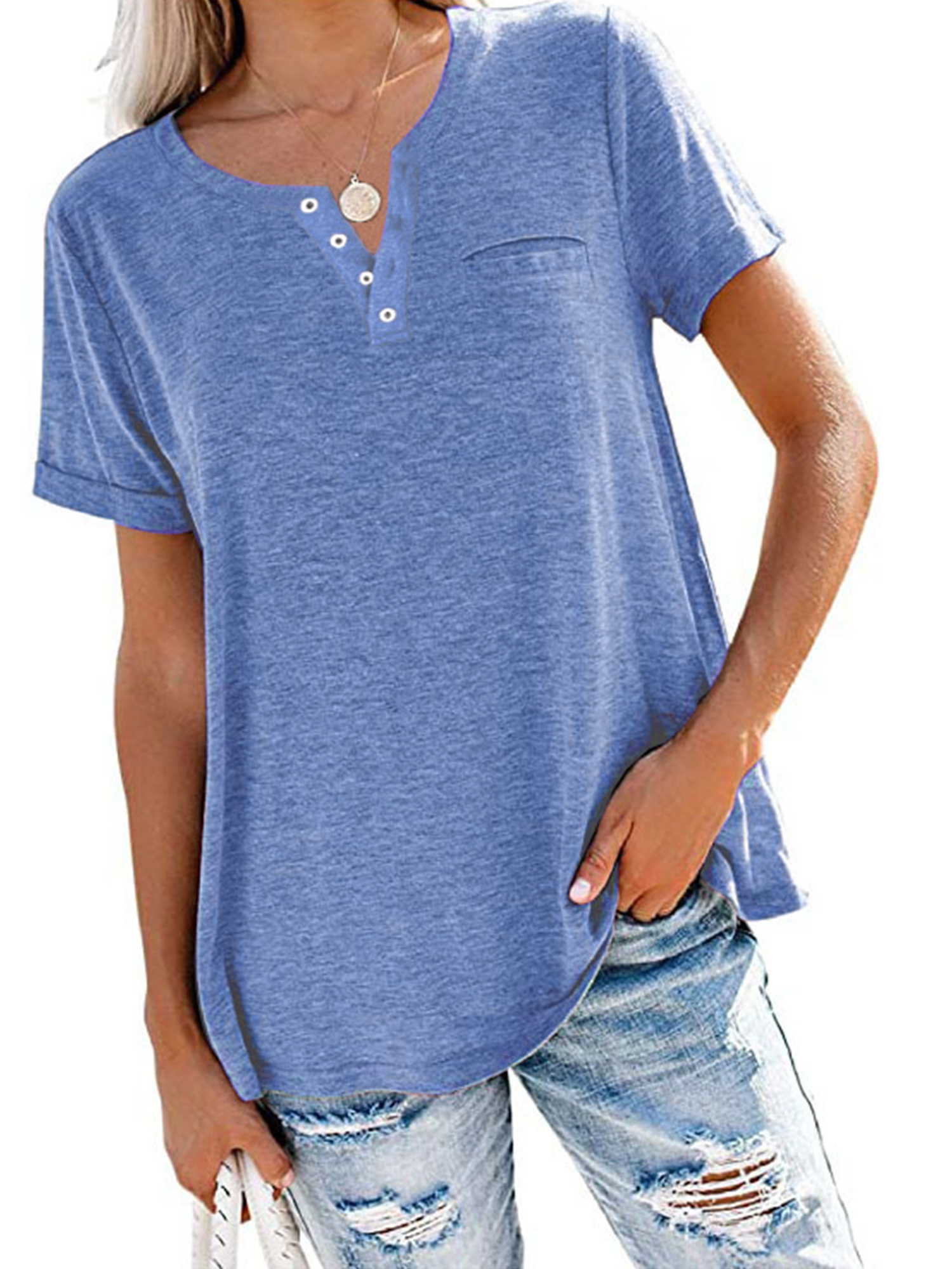 Innerwin T Shirt V Neck Women Tops Beach Solid Color Baggy Tee Blue 3XL