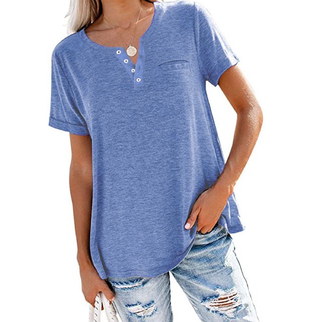 MAWCLOS Ladies T Shirt Solid Color Tops V Neck Tee Comfy Street Short Sleeve Blouse Blue S