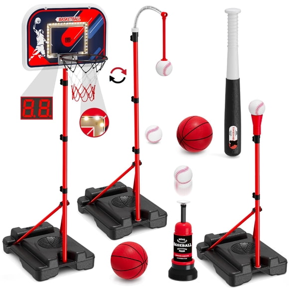 HYES 4 in 1 Kids Basketball Hoop and Tball Set 3-5, Basketball Goal with Scoreboard&LED, Hanging Tee Ball Stand with Baseball Pitching Machine, Indoo