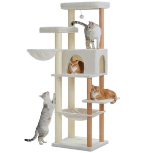 PAWZ Road 73" Grand arbre de chat pour les grands chats avec des poteaux de craquage et de pad en bois Tour de chat intérieur beige