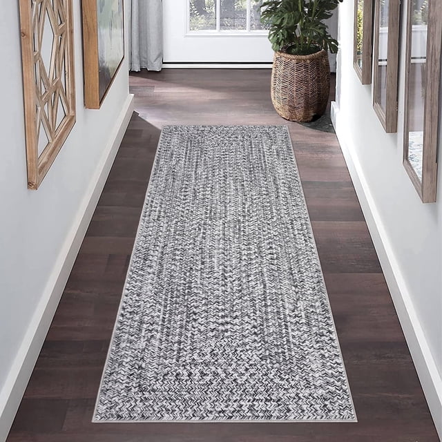 YUSAZENS 2x6 Runner Rug Machine Washable Non-Slip Low Pile Braided Print Indoor Rug for Hallway Kitchen Entryway Bedroom Living Room, Gray