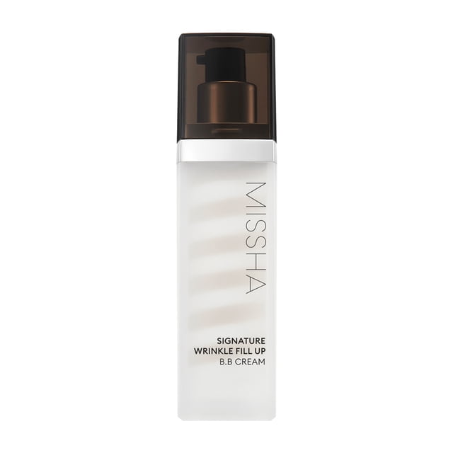 MISSHA Signature Wrinkle Fill Up BB Cream 44g - No.23, an anti-aging BB cream with fill-up essence, designed to smooth fine lines and wrinkles while nourishing the skin and providing a natural, radiant finish. The product is housed in a sleek, transparent bottle with a dark pump cap and minimalist branding.