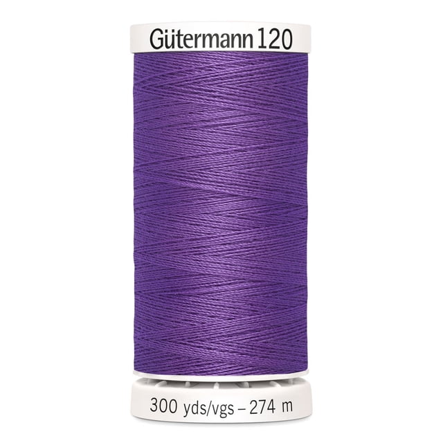 Gutermann 120 100% polyester all purpose thread spool in purple, tightly wound on a white plastic spool labeled with brand and length of 300 yards (274 meters), suitable for machine and hand sewing various fabrics including cotton and synthetics, also ideal for craft and DIY projects.