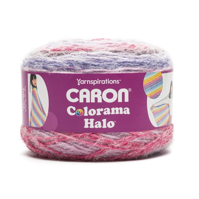 Fil Mélangé Volumineux Caron® Colorama HaloTM #5, 8 Oz/227 g, 481 Verges, Tirage Frontal d'Une Seule Pelote de Fil Enroulé Montrant des Bandes de Couleur Unie et Rayée Alternées, halo Texturé visible et Brins Pliés Volumineux; 71 % Acrylique, 18 % nylon, 11 % polyester; Taille de Pelote 227 g (8 oz) 440 m (481 yd); Aiguilles à Tricoter Recommandées 6 mm (US 10