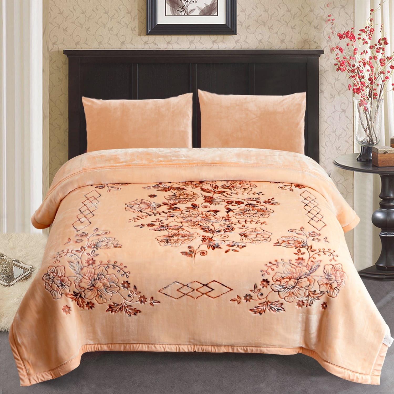 JML Thick Warm Winter Fleece Blanket For King Bed 2 Ply Reversible Soft Raschel Blanket,87"x94",10.5lb, Beige Floral