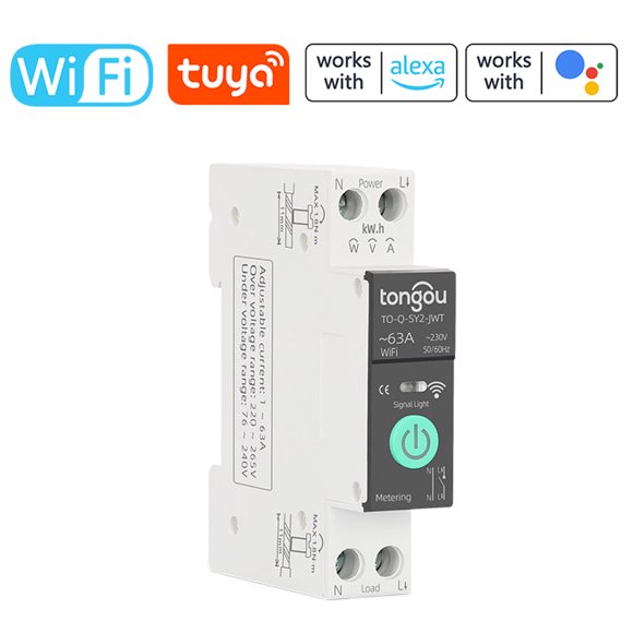 Riwcyla TONGOU WiFi Intelligent Circuit Breaker with Metering 1P 63A DIN Rail Support 3 Timing Modes Multiple Safety Protecting APP Remote Control Compatible with Assistant for Household Appliance