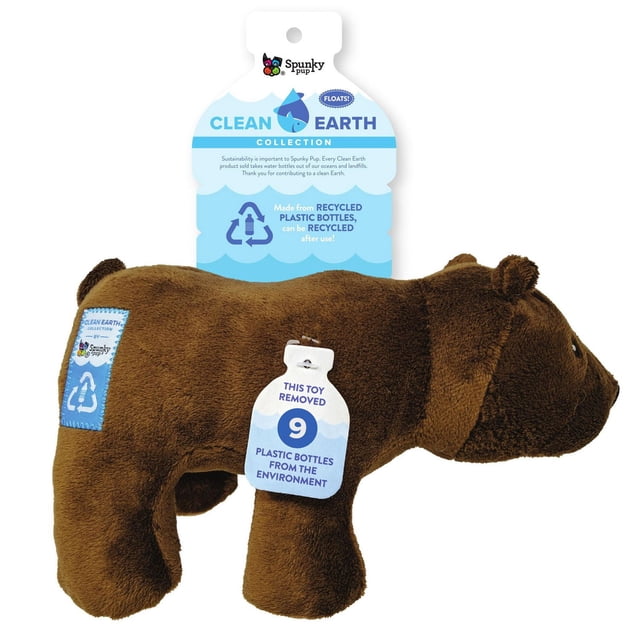 Clean Earth Plush Bear Dog Toy - 100% Sustainable brown plush dog toy shaped like a bear with a soft texture, featuring a blue recycling patch and a hang tag showing it removed 9 plastic bottles from the environment, part of Spunky Pup's Clean Earth Collection made from recycled PET plastic bottles that float and can be recycled after use.