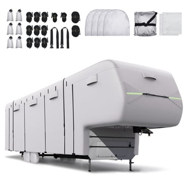 Unique Bargains Waterproof Top 5th Wheel RV Cover Fits 33"-37" Camper Cover Windproof Anti-UV All Season Protection for Motorhome with 4 Tire Covers 6 Gutter Spout Cover Silver Tone
