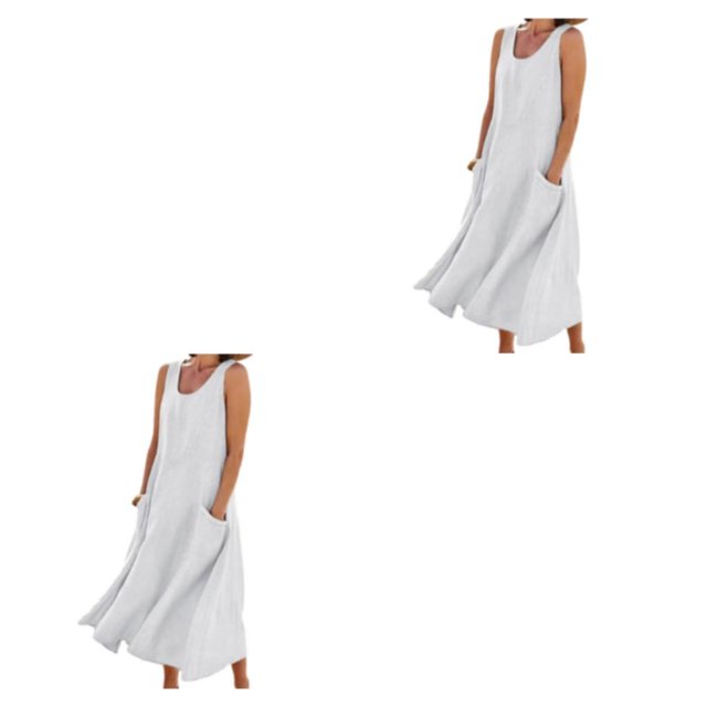 pitrice Femmes Été Coton Lin Robe Sans Manches Col Rond Boho Vintage Style Plage Couleur Unie en Vrac Kaftan Porter Tous les Jours Blanc / XXL 2Set