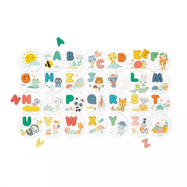 Janod - Pur - Mon Premier Casse-Tête Alphabet - 26 Pcs - Jeu d'Apprentissage Précoce - Motricité Fine - pour Tout-Petits - 2 Ans + - Multilingue - J08045 Montrant un Grand Casse-Tête à l'Avant avec 28 Pcs en Carton Blanc Présentant des illustrations pastel Douces d'Animaux, d'Insectes et d'Objets pour Chaque Lettre de a à Z, Accompagné de Lettres Majuscules en Bois Colorées pour Soutenir l'Apprentissage de l'Alphabet,
