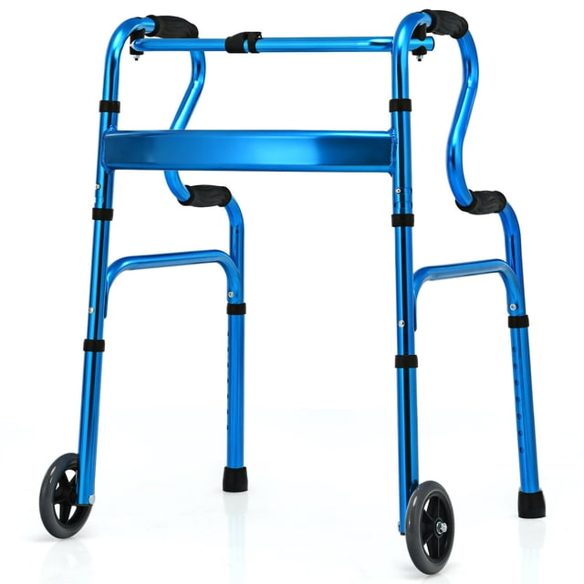 Gymax Robuste Pliant 3 en 1 Walker en Alliage d'Aluminium durable Bleu. Conçu comme Aide à la Mobilité pour les Personnes à Dextérité Limitée, Il Comprend des Accoudoirs à Deux Niveaux, des Poignées Rainurées et des Roues Unidirectionnelles pour un Mouvement Fluide. Hauteur Réglable de 30 Pieds' à 37 Pieds' avec modes Fixes et Interactifs. Convient aux Utilisateurs de 4 Pieds7 Pieds' à 6 Pieds1 Pieds' et Supporte jusqu'à 440 Lb.