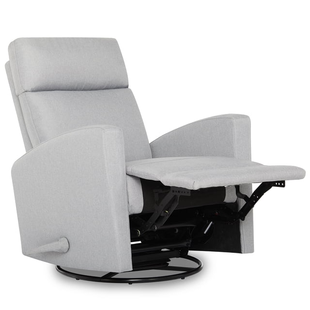 Dream On Me Chatham Swivel Glider, Recliner in grey durable polyester fabric with ergonomic backrest support, padded armrests, and extended footrest shown reclined, featuring smooth gliding, 360° swivel on a solid metal base, and easy-to-use armrest lever.
