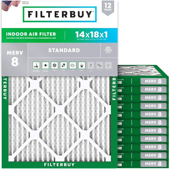 Filterbuy 14x18x1 MERV 8 (MPR 600) Dust Defense, Pleated HVAC AC Furnace Air Filters (12-Pack)