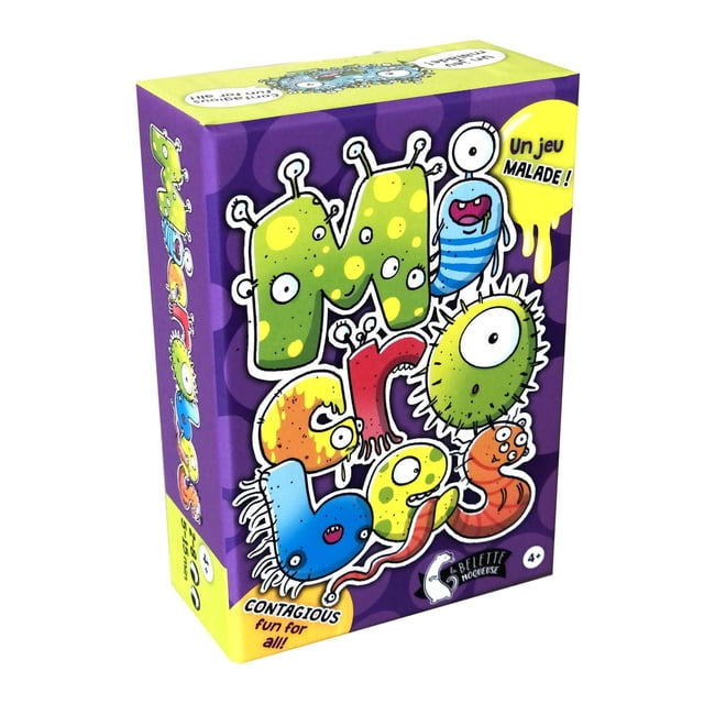 La Belette Moqueuse - Microbes (FR/EN) - Board Game box featuring colorful cartoon microbes forming the word 'Microbes' on a purple background with yellow and orange accents, including phrases 'Un jeu malade!' and 'Contagious fun for all!'. This family classic game by Buzzy Games is suitable for ages 4 and up.