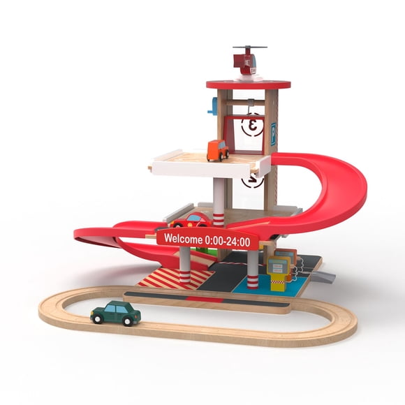 Letoiz Toy Car Garage with Rails, Wooden Parking Garage Toy Playset w/Elevator, Toddler Race Car Ramp Track Toy Set with 4 Mini Cars for Old Boys and Girls Kids Ages 3+