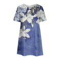 thumbnail image 3 of QJUHUNG Midi pour Femmes Été Décontracté Ample Bohème à Imprimé Floral Col Ras du Cou Manches Courtes Longueur Genou Robe Froncée avec Poches, 3 of 5