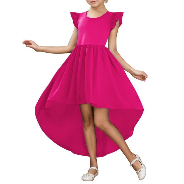Robes pour Filles Enfants Enfant Filles Été Manches Charleston Robe Formelle Asymétrique Jupe Volantée Robe Évasée de Couleur Unie Robe pour Bébé RD2 5 Ans-6 Ans