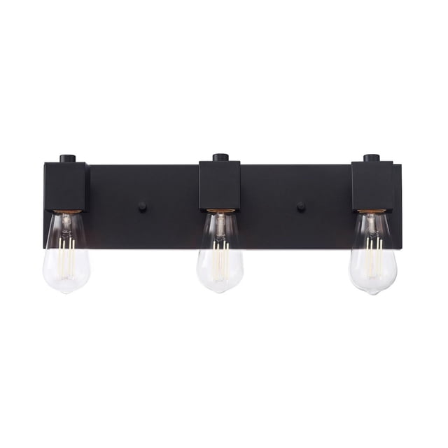 Globe Electric 18" 3-Light Matte Black Vanity Light with minimalist open socket design and three exposed clear bulbs on a rectangular matte black metal base, featuring an industrial style suitable for bathroom or powder room wall lighting and compatible with dimmable LED or incandescent bulbs.