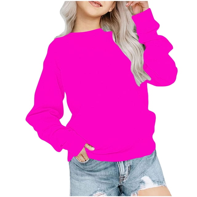 RXIRUCGD Chandail en Molleton Décontracté pour Petites et Grandes Filles, Couleur Unie, Col Rond, Manches Longues, Tunique Ajustée, Pulls Mode Automne, Chandail en Molleton Rose Vif pour Filles Taille 1-2 Ans