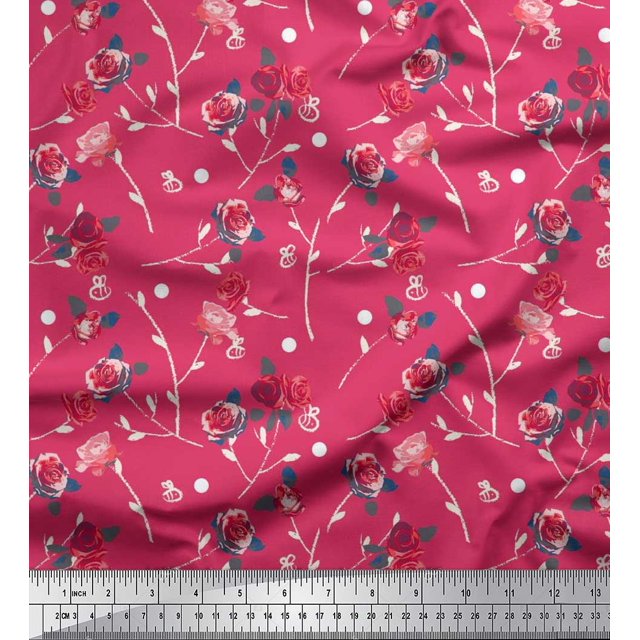 Soimoi Poly Georgette Fabric Leaves, & Rose Floral Decor Fabric Printed Yard 42 Inch Wide