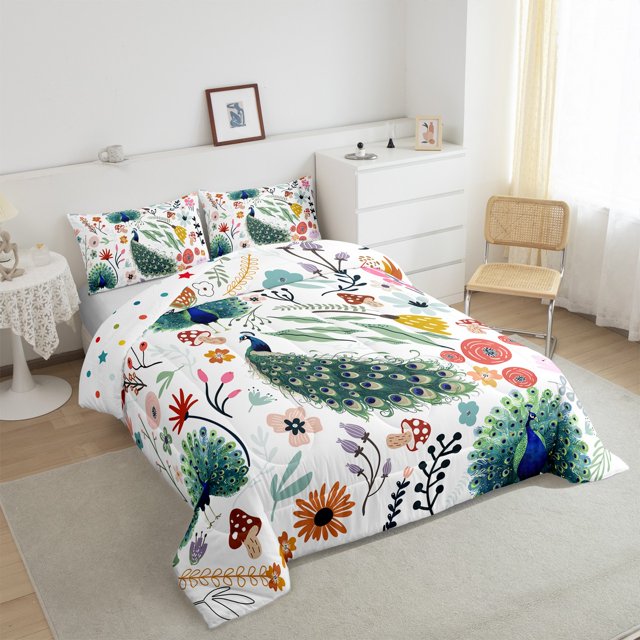 YST Kawaii Peacock Comforter Set, Mushroom Floral, Queen