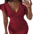 thumbnail image 3 of MesaSe Femmes d'Été Près du Cou Manches Robe V Swing Robe avec Poches Couleur Unie une Pièce, 3 of 9