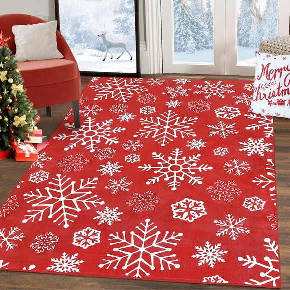 Tapis Lavable 8 X 10 Pi – Tapis Doux Antidérapant avec Motif de Flocons de Neige, Conception Résistante aux Taches – Grand Tapis Moderne pour Salon, Chambre, Salle à Manger et Déco de Maison pour les Fêtes, Rouge