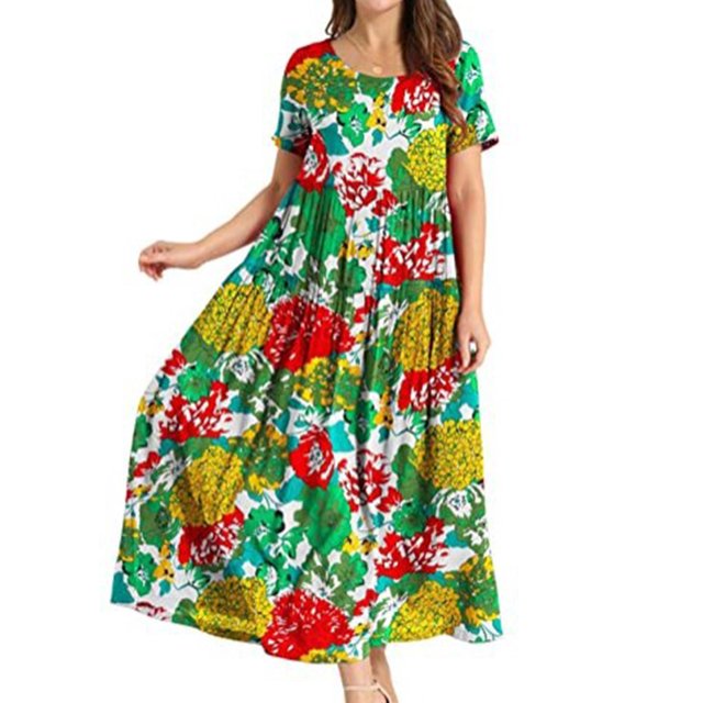 Bellella Robes Maxi pour Femmes Robe Longue à Col Rond Robe d'Été à Imprimé Floral en Couleur d'Image 7, Taille G. Cette Robe Longueur Cheville Présente un Imprimé Floral vibrant avec des Tons Rouge, Jaune, Vert et Blanc. Conçue avec un Col Ras du Cou, des Manches Courtes et des Détails Plissés à Taille Haute, Elle Est Fabriquée en Tissu de Coton Léger pour le Confort. Convient aux occasions Décontractées, de Vacances Ou de Fête, Elle s'Agence Bien avec des Sandales Ou des Talons pour un Style Estival Stylé.