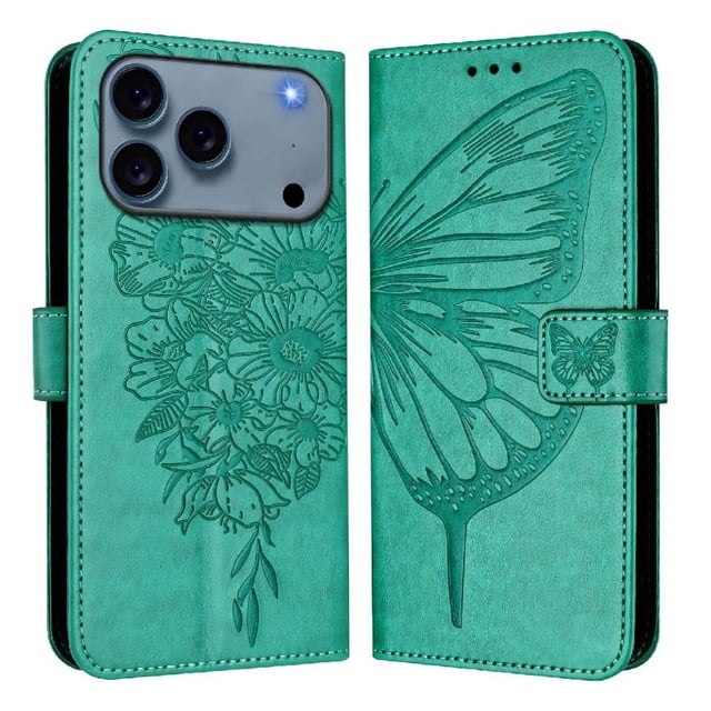 Butterfly Wallet Case for iPhone 17 Pro with Card Slots & Stand - Shockproof Green