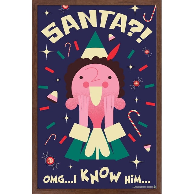 Elf - I Know Him Wall Poster, 14.725" x 22.375" framed, depicting a front-facing cartoon elf with a pink face, curly brown hair, green and cream hat with a red feather, and green outfit with cream cuffs. The elf holds its face in surprise on a dark blue background decorated with candy canes, red and green confetti, stars, and candy pieces. Cream text above reads 'SANTA?!' and below 'OMG... I KNOW HIM...'. This lightweight framed poster is easy to hang and ideal for bedrooms, offices, or dorm rooms.