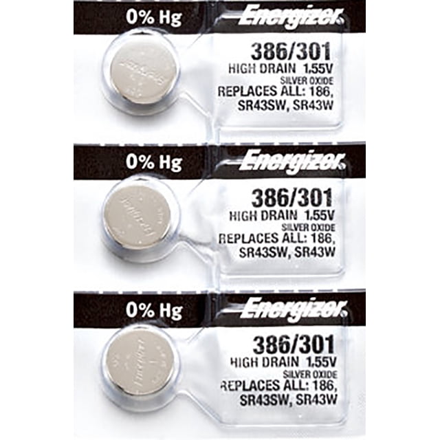 3 x Energizer 386 watch batteries, SR43W or 301 battery, shown in clear packaging. These silver oxide coin cell batteries are high drain 1.55V, mercury-free, and compatible with watches, calculators, car starters, keyless remotes, health monitors, and glucose monitors.