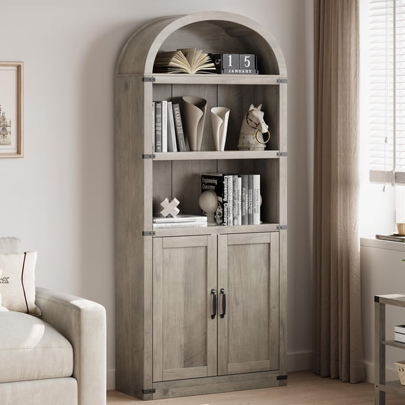 Bingirl Arched Bookcase with Doors Tall Bookshelf Farmhouse Bookcase Cabinet with Shelves Wooden Bookshelves Grey