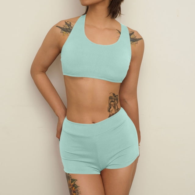 Cameland Fashion Women's Sexy Hanging Neck Swimsuit Set Solid Color Split Swimsuit Two Piece Set