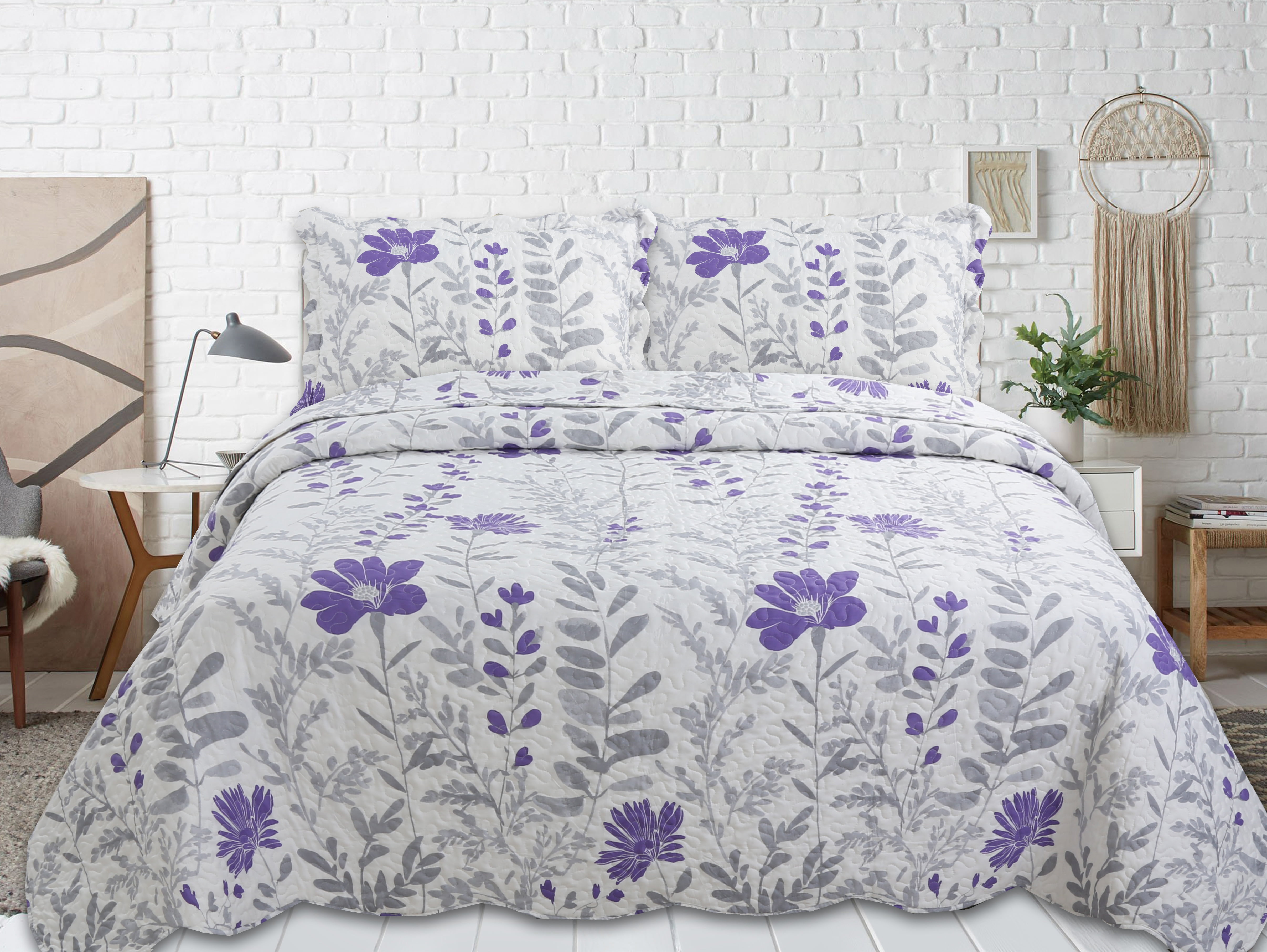 Marina Decoration Couvre-lit imprimé riche, couvre-lit ultra doux pour l'été, ensemble de literie avec housse matelassée, motif floral violet moderne