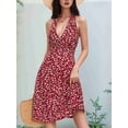 thumbnail image 3 of Robe d'Été Sans Manches Portefeuille à Col en V à Fleurs pour Femme Mini Robe Bordeaux S, 3 of 5