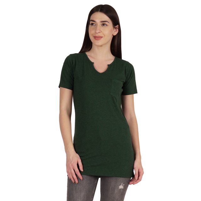 Inkmeso Long Length Notch Neck Top For Women Basic Cotton Tee Shirt w/ Pocket Patch Legging Top