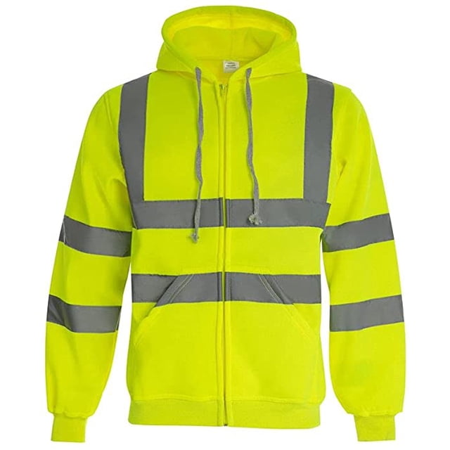 High Visibility workwear safety full zip hoodie reflective sweatshirt (Yellow,M)