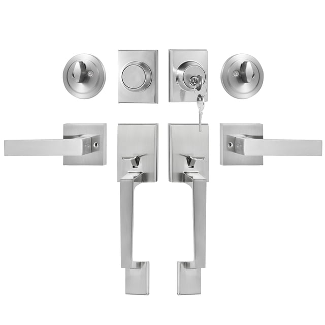 VEVOR Double Door Handle Set Double Door Lock Set in satin nickel finish, featuring square door levers and a modern design. Includes two external handles, two internal handles, lock cylinders, keys, and installation hardware. Made from durable zinc alloy and brass, this reversible handle set is suitable for left or right-handed doors with a thickness range of 1-3/8 to 1-3/4 inches. Designed for front doors, back doors, or office entrances, it offers adjustable hole spacing for easy installation without redrilling.