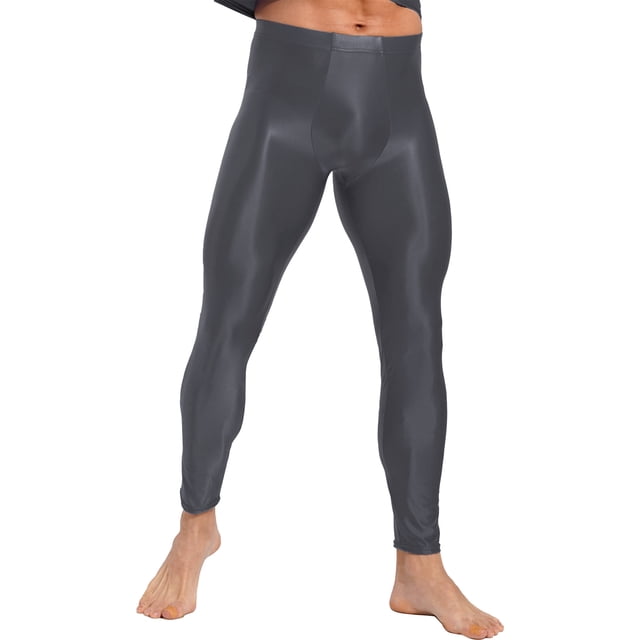 YUUMIN Men's Shiny Compression Pants Oil Glossy Stretchy Workout Sports Base Layer Trousers Dark Grey M