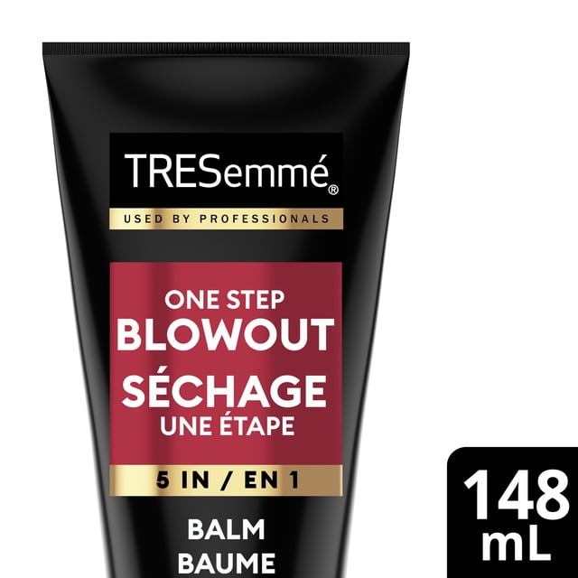 TRESemmé One-Step Baume Brushing 5-en-1 en tube Noir avec Étiquette Bilingue Rouge et Or, une Crème Coiffante Qui Lisse, Protège de la Chaleur, Contrôle les Frisottis et Ajoute de la Brillance pour une Finition Brushing Professionnelle.