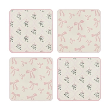 Holiday Time Maison De Noel Collection Berry Pink Bow Square Cork Coasters, Festive Table Protector Pad, 4-Pack