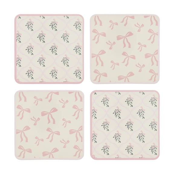 Holiday Time Maison De Noel Collection Sous-verres carrés en liège Berry avec nœud rose, protection de table festive, 4 Pièces