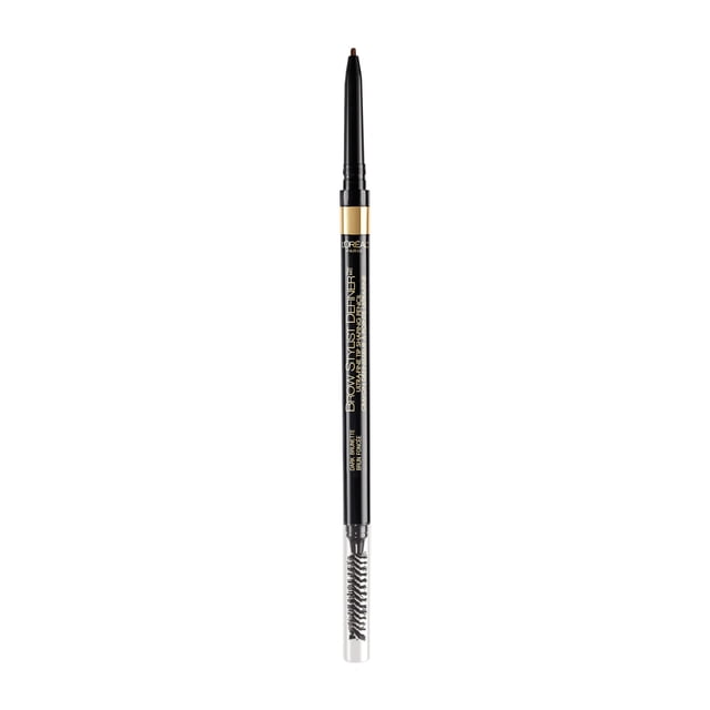 L’Oréal Paris Cosmetics Brow Stylist Definer, Ultra-Fine Tip Eyebrow Pencil, 0.5mm Tip for Well-Defined Brows and Easy Blend With No Gaps, Dark Brunette ,90 mg front-facing view showing the ultra-fine 0.5mm mechanical tip and built-in spoolie; waterproof, smudge-proof formula (per specs) draws hair-like strokes to fill sparse areas and define brows, often used as a precise tightliner for subtle lash enhancement.