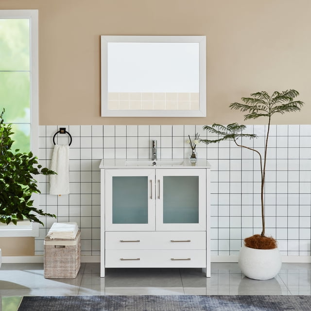 Vanity Art 36 in. W Single Sink Modern Bathroom Vanity with Ceramic Top and Free Mirror