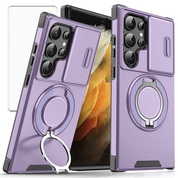 Asuwish Compatible with Samsung Galaxy S21 Ultra 5G Phone Case Slide Camera Cover Tempered Glass Screen Protector Stand Ring Holder Rugged Slim Cell for S21ultra 21S S 21 21ultra G5 Women Men Purple