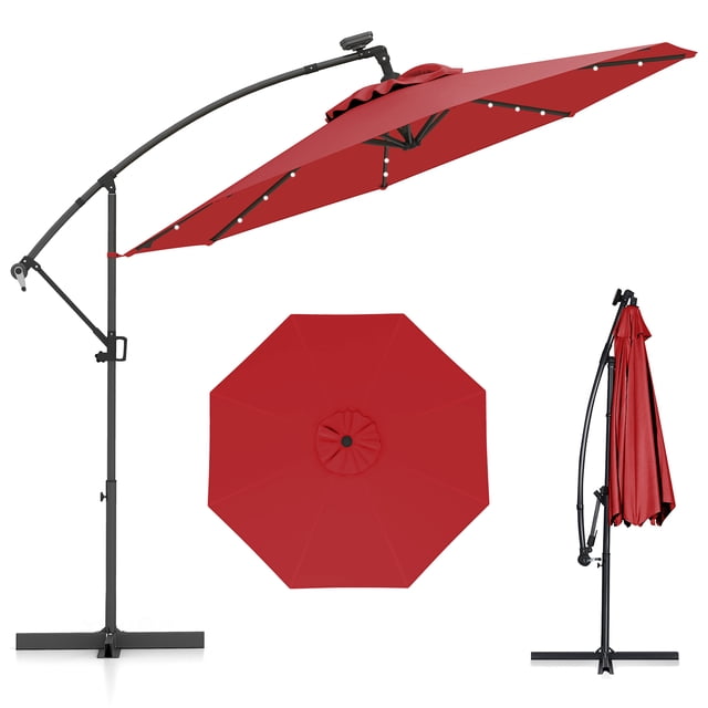 Gymax 10Ft Offset Hanging Umbrella Patio Outdoor w/ 32 Solar LED Lights Burgundy