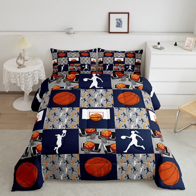 Erosebridal Ball Sports Bedding Full Comforter Set, Cartoon Basketball Down Comforter, Patchwork Decor, Reversible 3-Piece