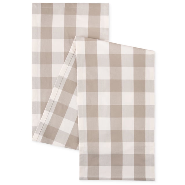Mainstays Table Runner Beige Plaid, 14" x 72", 100% Polyester A centered, front-facing view of a 14" x 72" beige plaid polyester table runner with subtle check pattern and stitched hem; reversible and OEKO-TEX STANDARD 100 certified, suitable for tablescapes, console or dresser accents.
