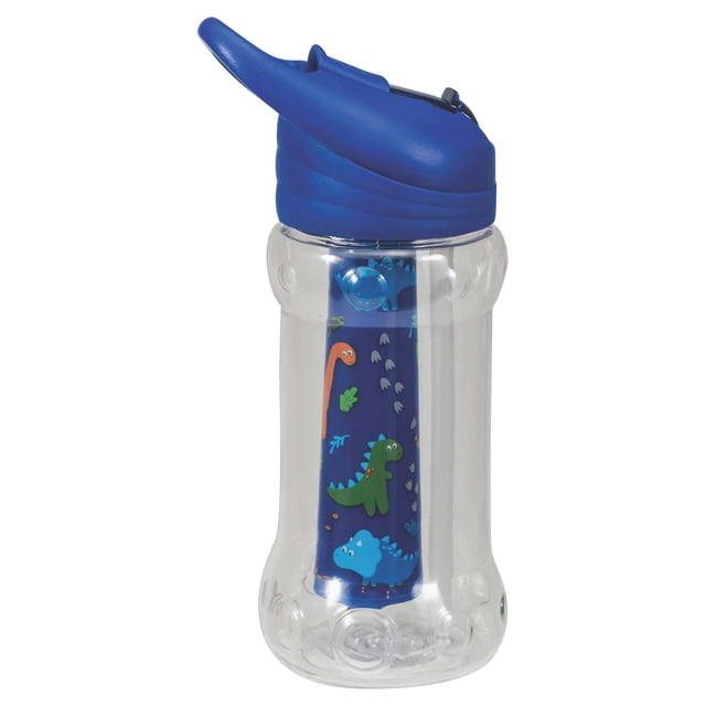 Cool Gear Paloma Bottle water bottle with a clear body and blue sip cap lid. It features a removable freezer stick decorated with colorful dinosaur prints to keep drinks cold. The 14-ounce beverage container has an integrated carry handle, ideal for kids' school and outdoor activities.