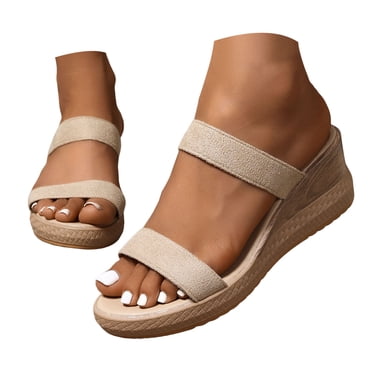 Dakaela Sandales pour Femmes Confortables à Plateforme Compensée Espadrilles à Bout Ouvert pour la Marche à Enfiler Beige 9.5